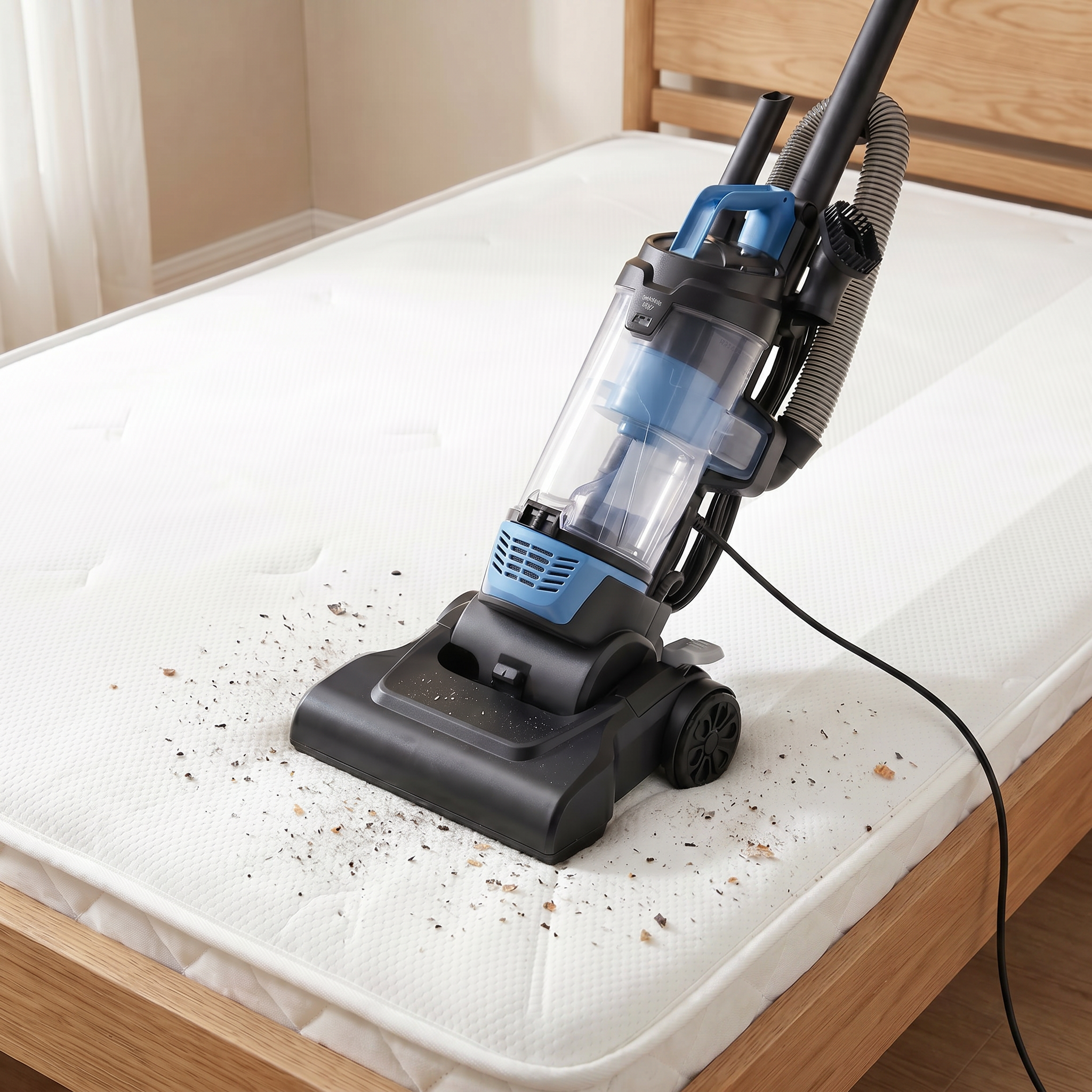 Regular vacuum being used on a bare mattress — wrong tool for the job