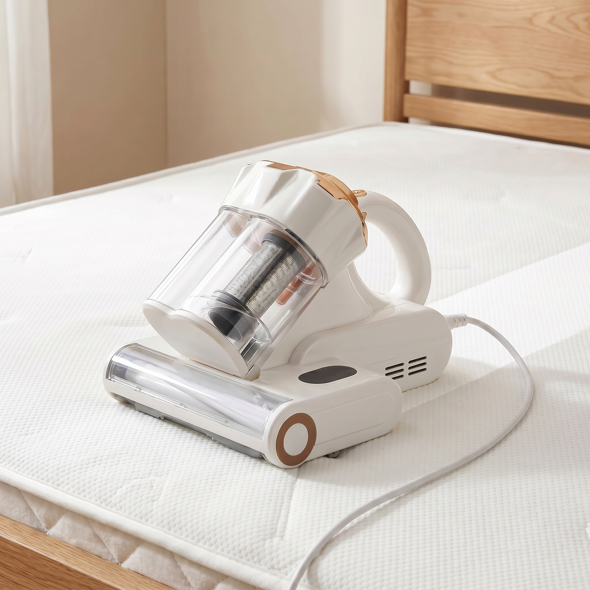The Sanva mattress vacuum being used on a bare mattress — purpose-built for deep extraction